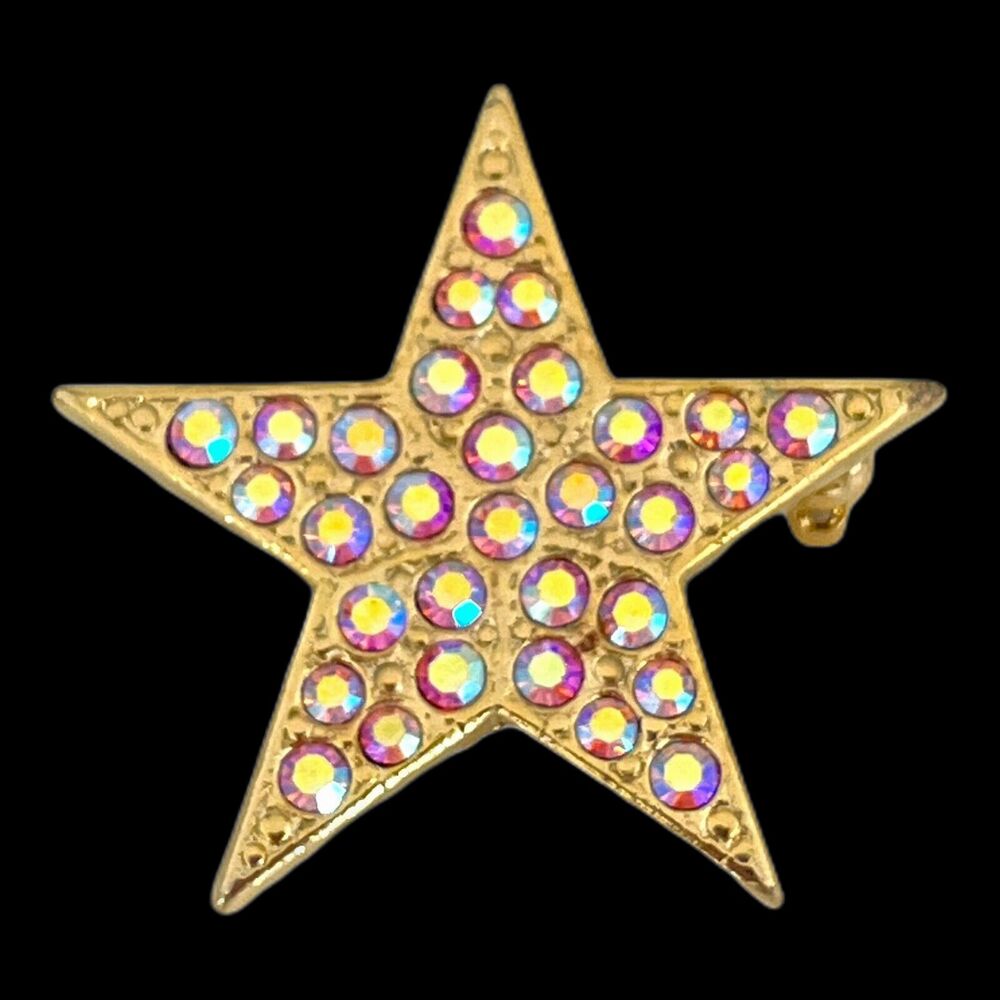 Vintage Kirks Folly Star Brooch Aurora Borealis Crystal Gold Tone - 4G